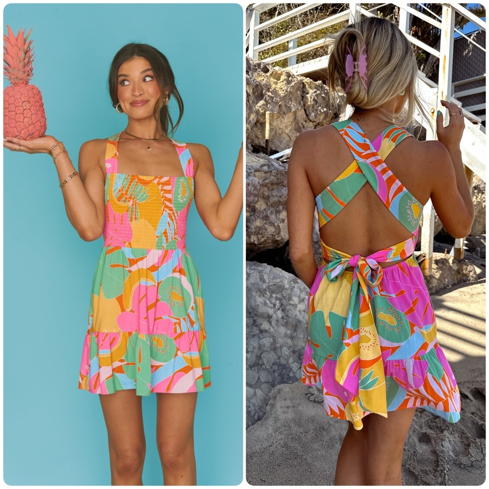 Show Me Your MuMu Pink and Yellow Tropical Mini Dress